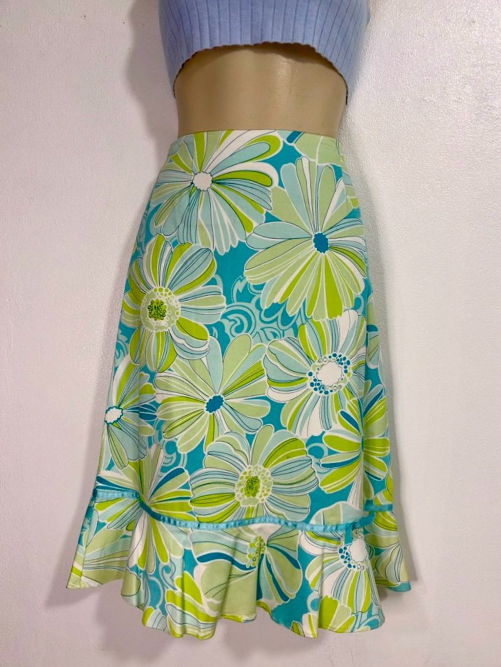 Plaza South Y2K Floral Skirt Blue Green Flounce Hem Size 8